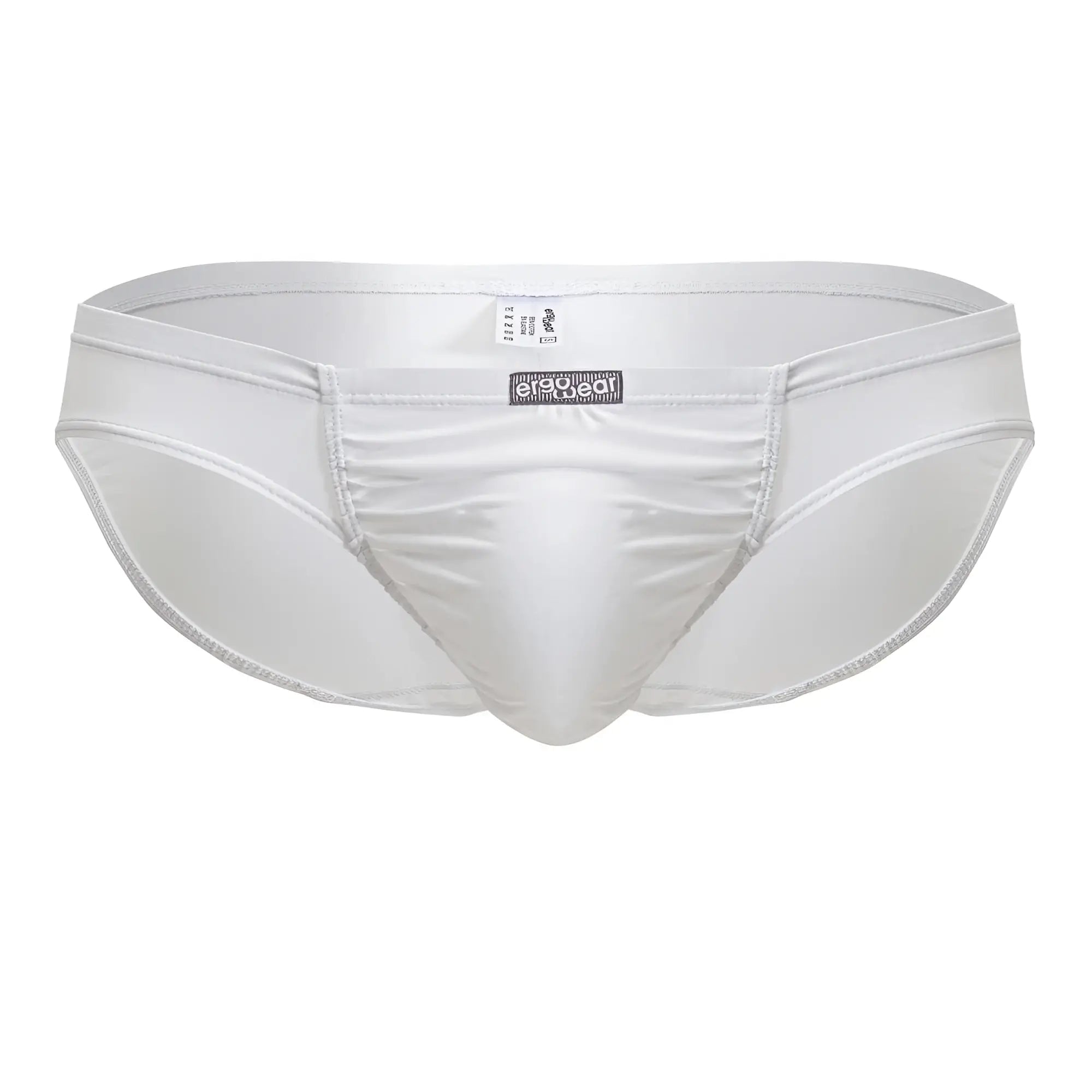 White sleek form-fitting men’s briefs with smooth satin-like finish by ergowear ew1735 feel gr8 cotton bikini