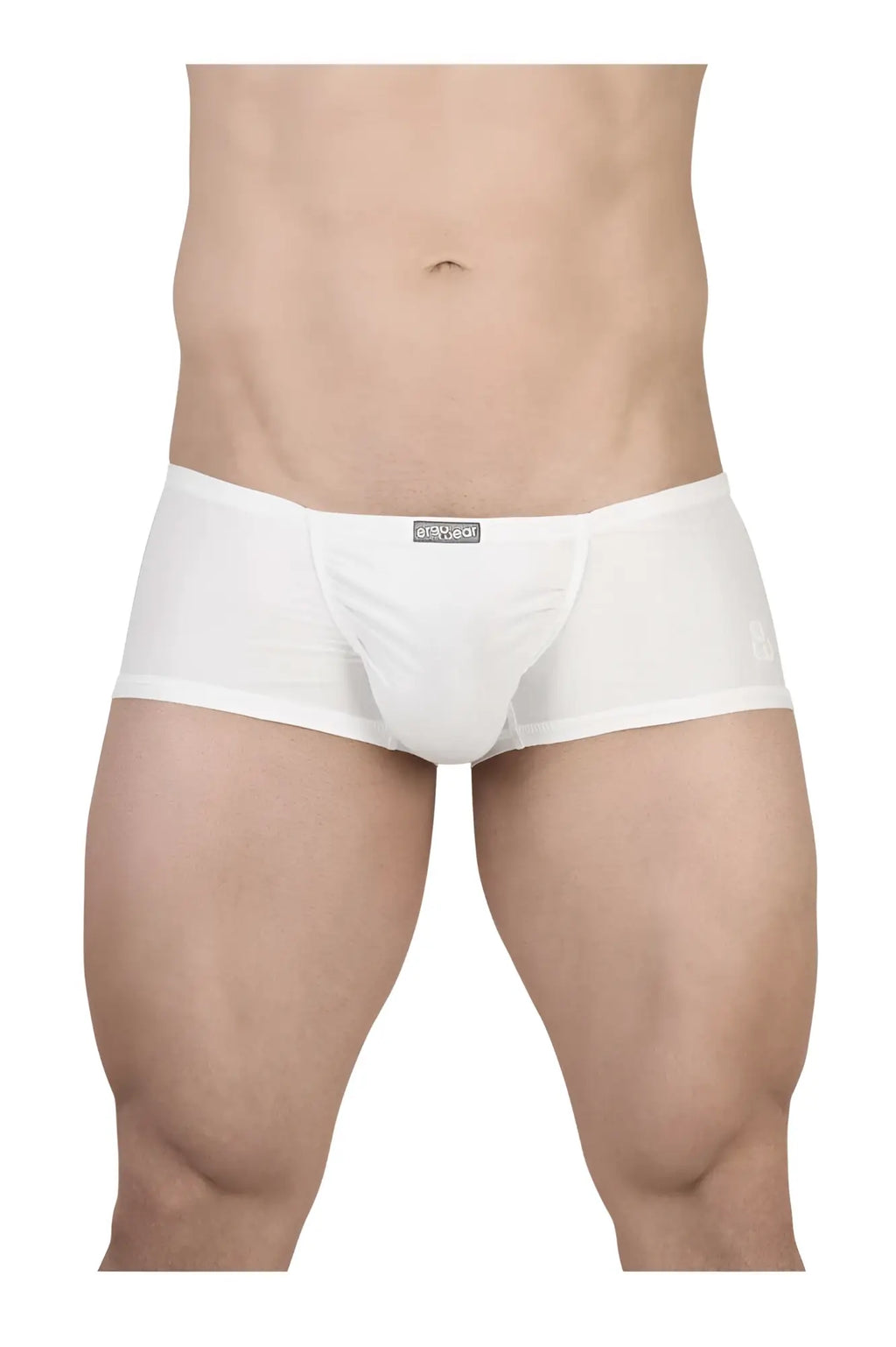 White mens cotton briefs with snug fit and small black brand tag on waistband from ergowear ew1736 feel gr8 trunks