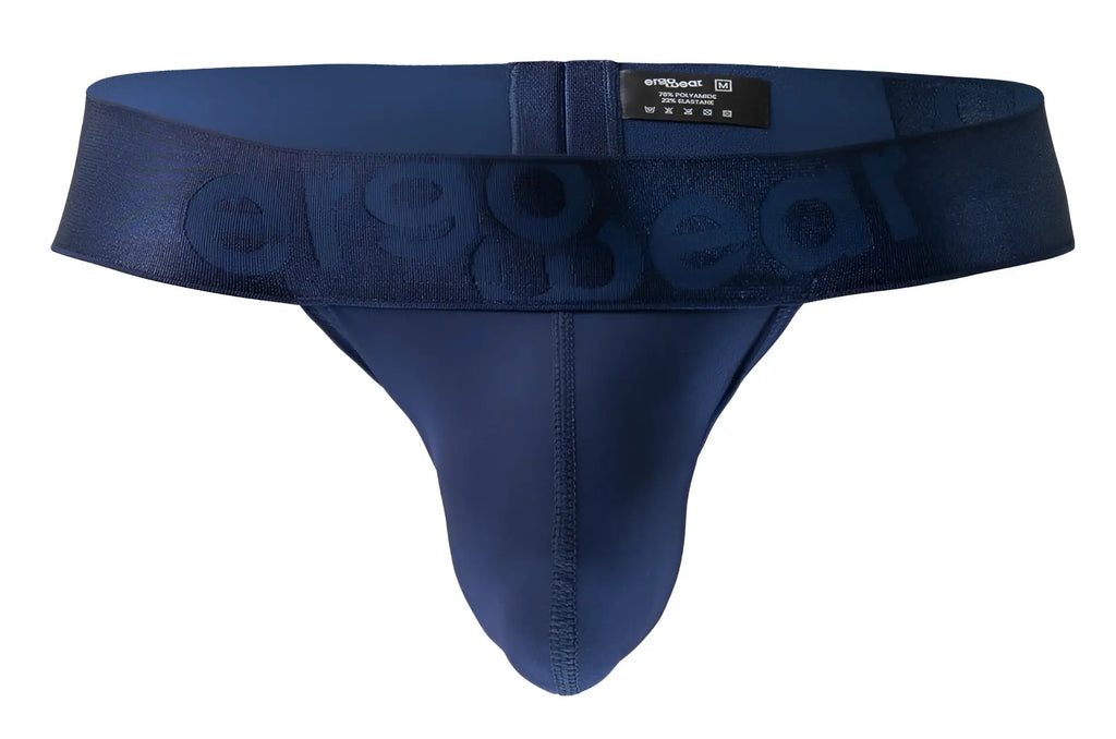 Navy blue ergonomic g-string briefs by ergowear with subtle embossed logo on waistband for comfortable support