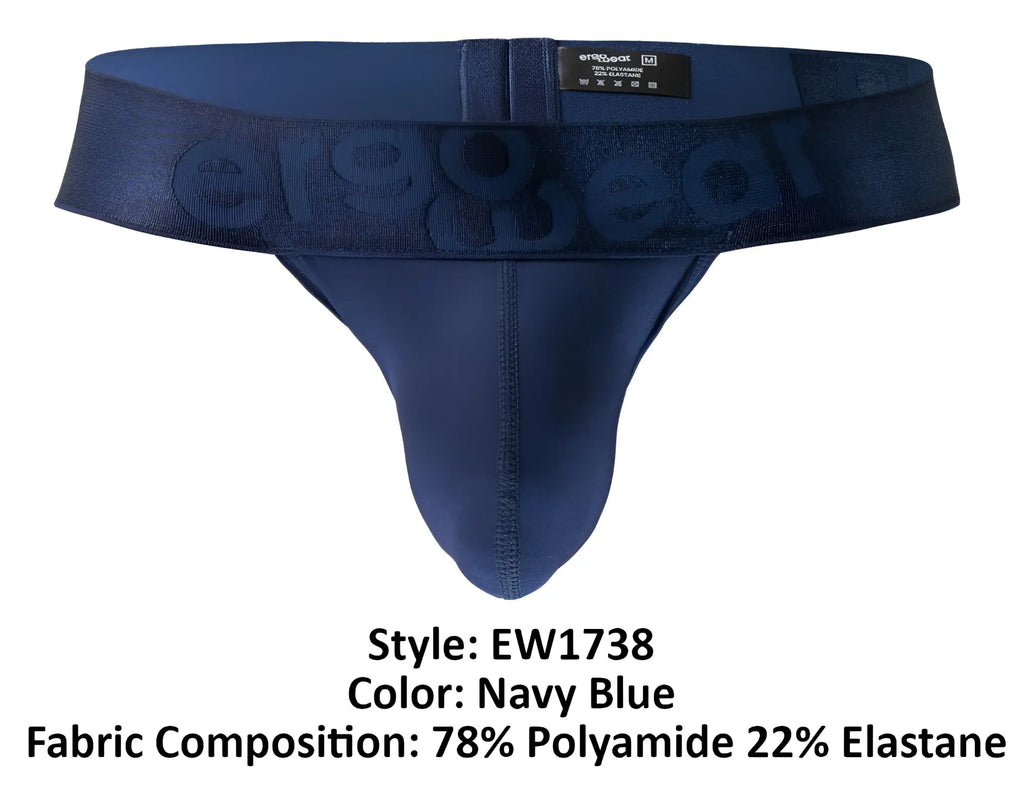 Navy blue ergonomic thong with branded waistband and seamless construction by ErgoWear model EW1738 MAX Bold g-string back view