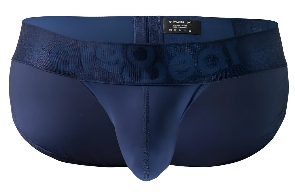 Navy blue ergonomic briefs with subtle embossed ergo wear logo on waistband designed for comfort and support