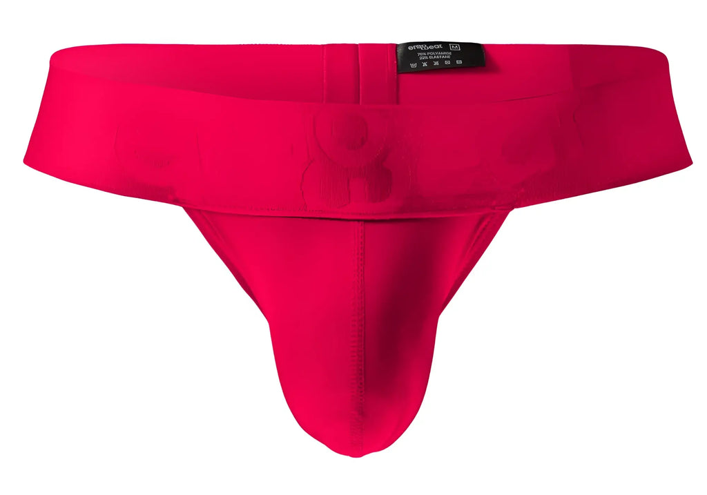 Bright red seamless ErgoWear EW1742 MAX BOLD G-string briefs with contoured design and black brand tag at waistband