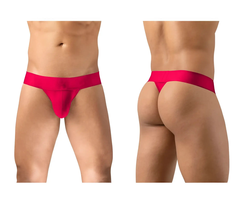 Bright red ErgoWear EW1742 MAX BOLD seamless thong underwear with a wide waistband shown from the back side
