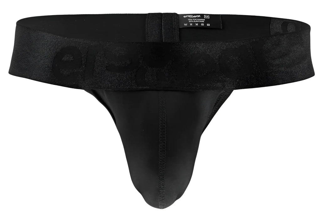 Black mens briefs with textured waistband featuring embossed erspace branding in ergo wear ew1746 max bold g-string black