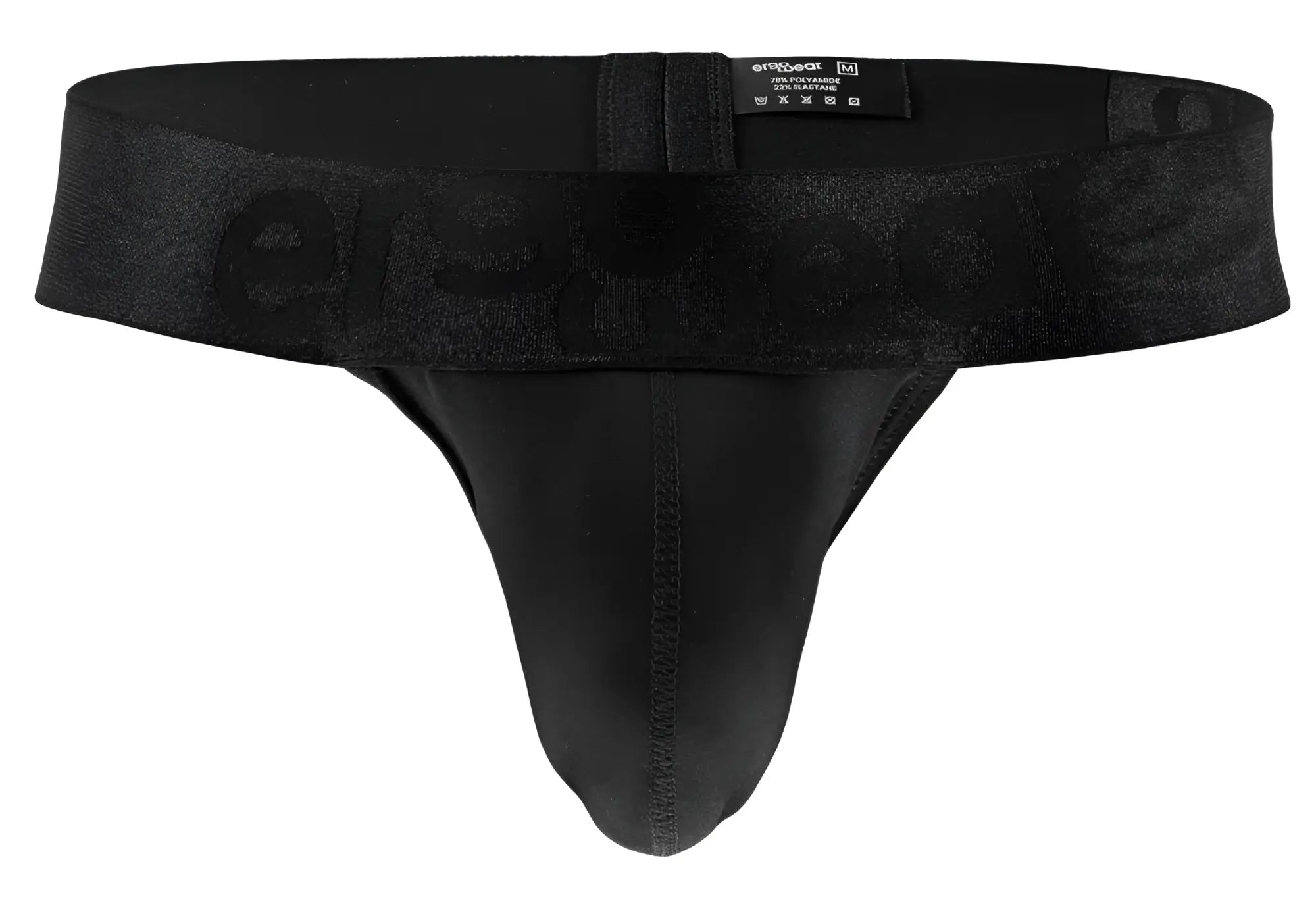 Black mens briefs with textured waistband featuring embossed erspace branding in ergo wear ew1746 max bold g-string black