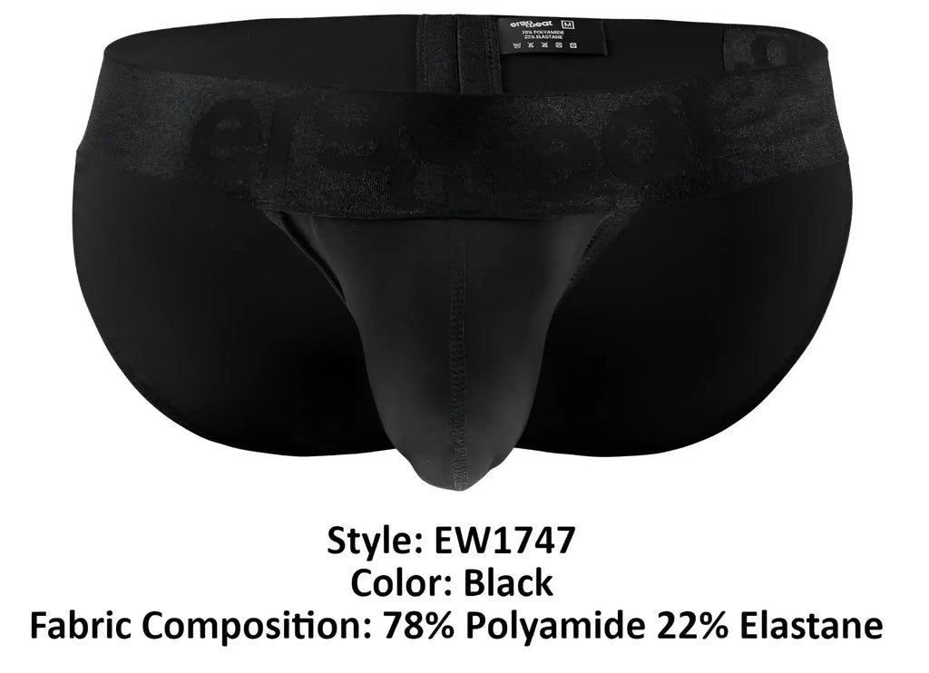 Black men’s briefs ergoWear EW1747 max bold bikini in black with textured waistband and subtle erspace branding