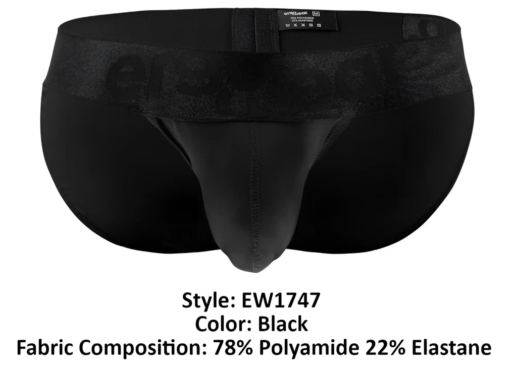 Black men’s briefs ergoWear EW1747 max bold bikini in black with textured waistband and subtle erspace branding