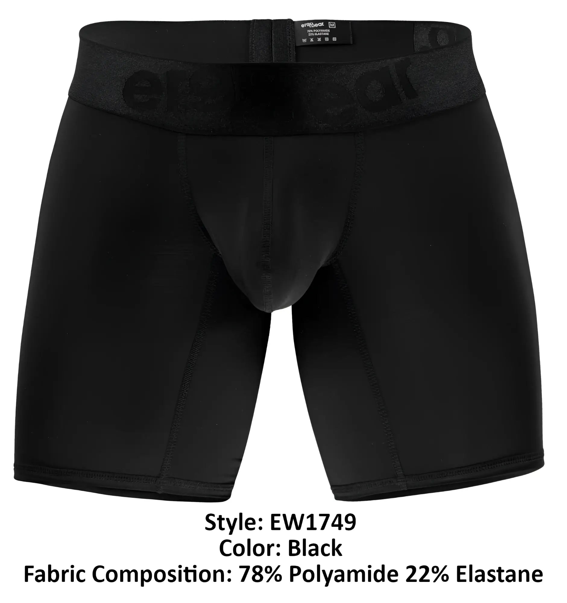 Black ergo wear ew1749 max bold boxer briefs with erectear logo waistband made of 78 polyamide 22 elastane