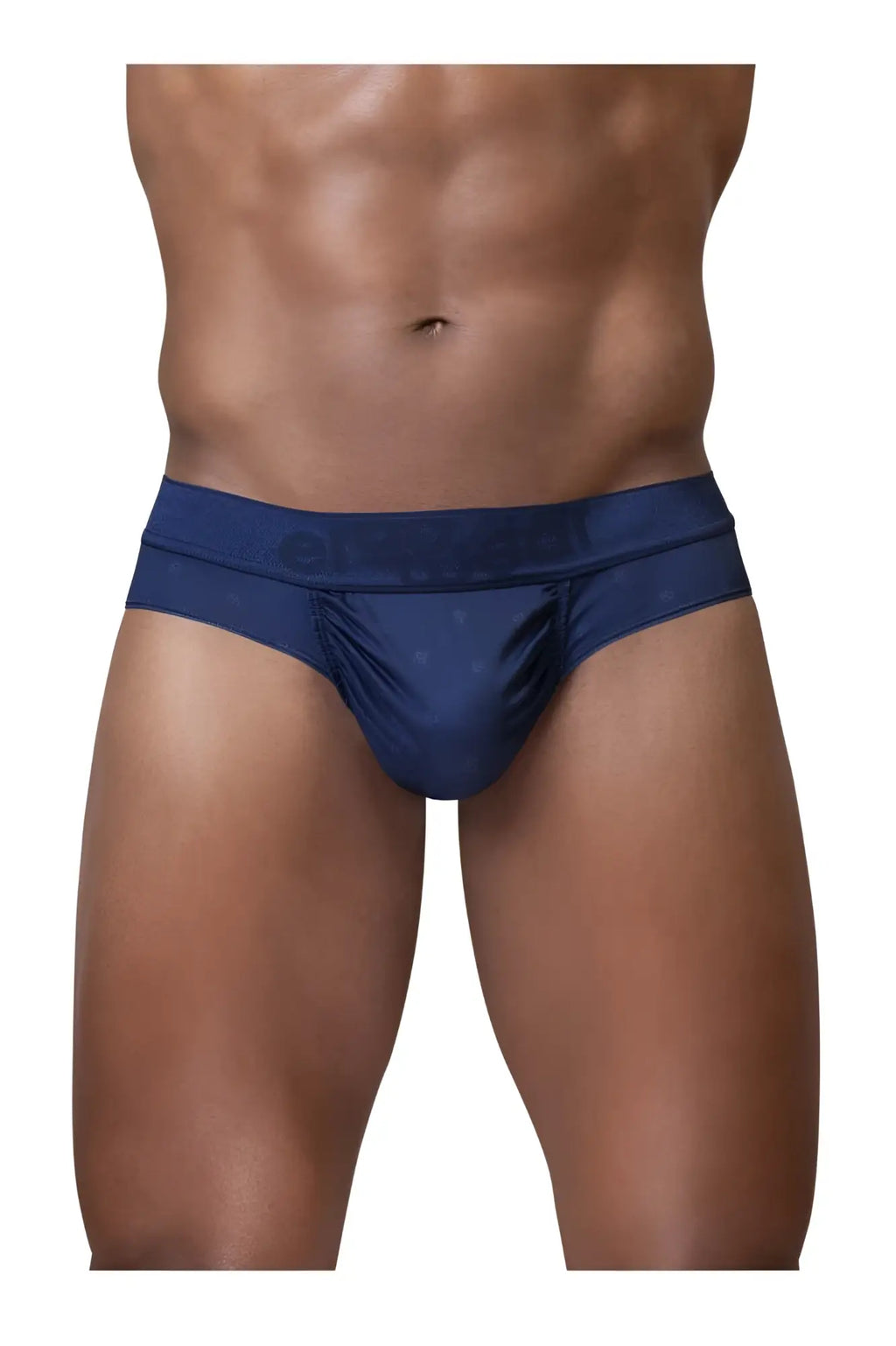 Navy blue satin briefs with subtle textured pattern and ergowear embroidered waistband in the back view