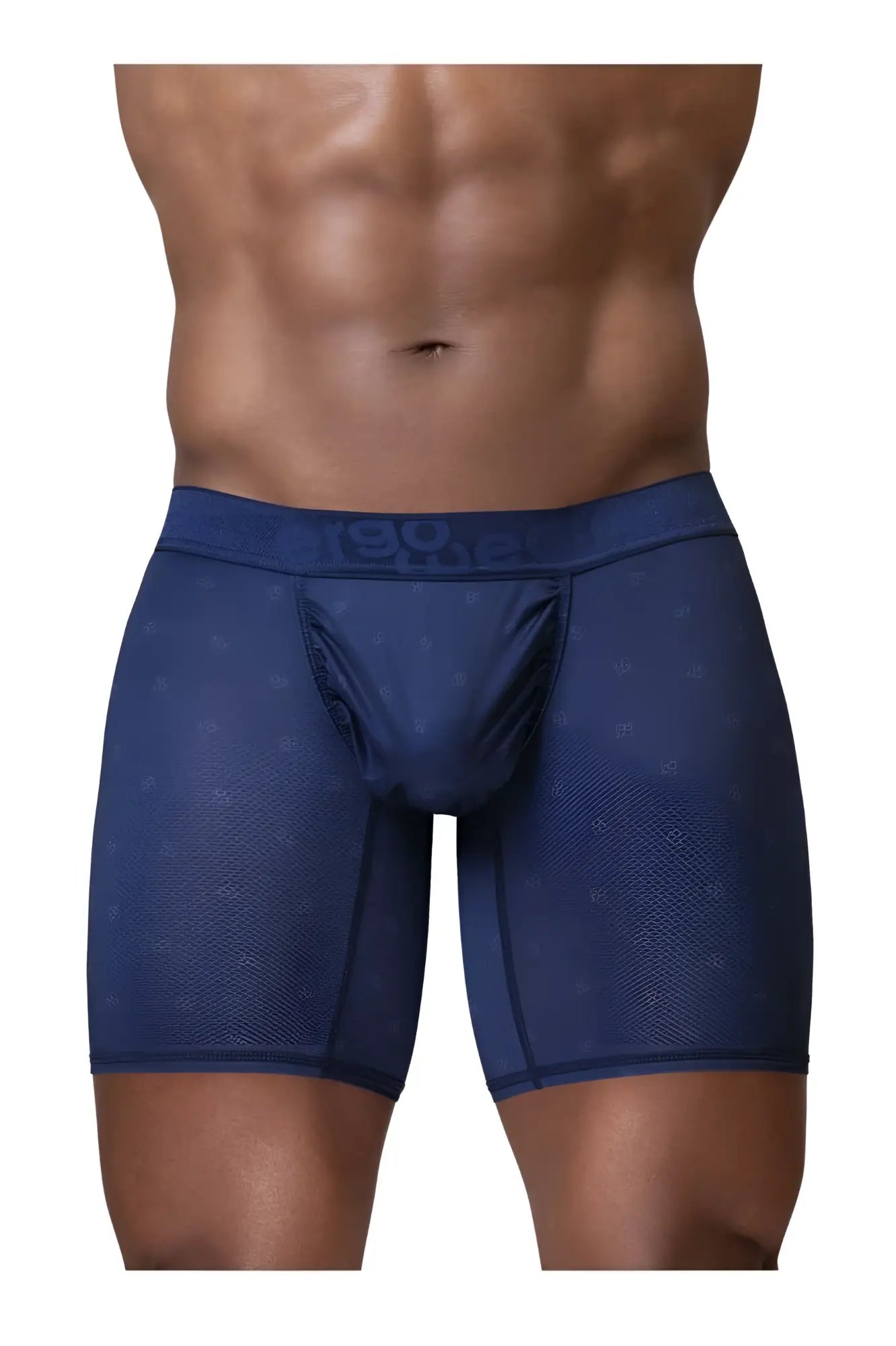 Dark blue ergoWear ew1753 feel SE boxer briefs with subtle pattern and branded waistband front view