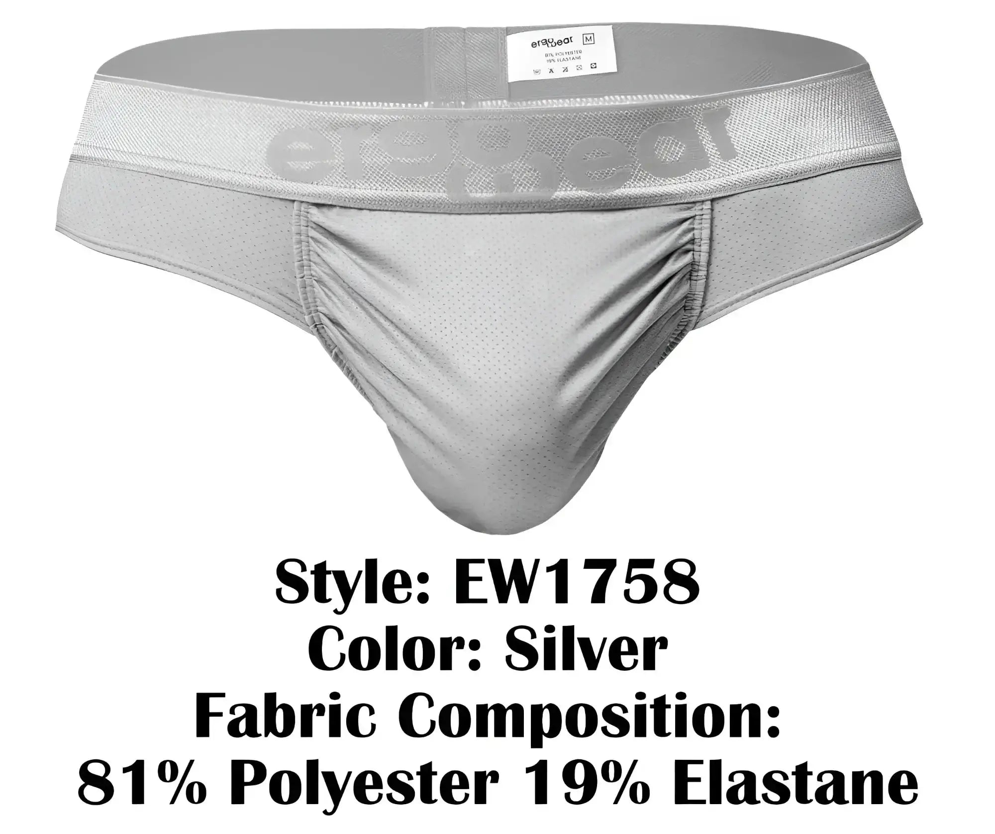 Silver mesh athletic briefs with ruched front panel and ErgoWear branded waistband in color silver