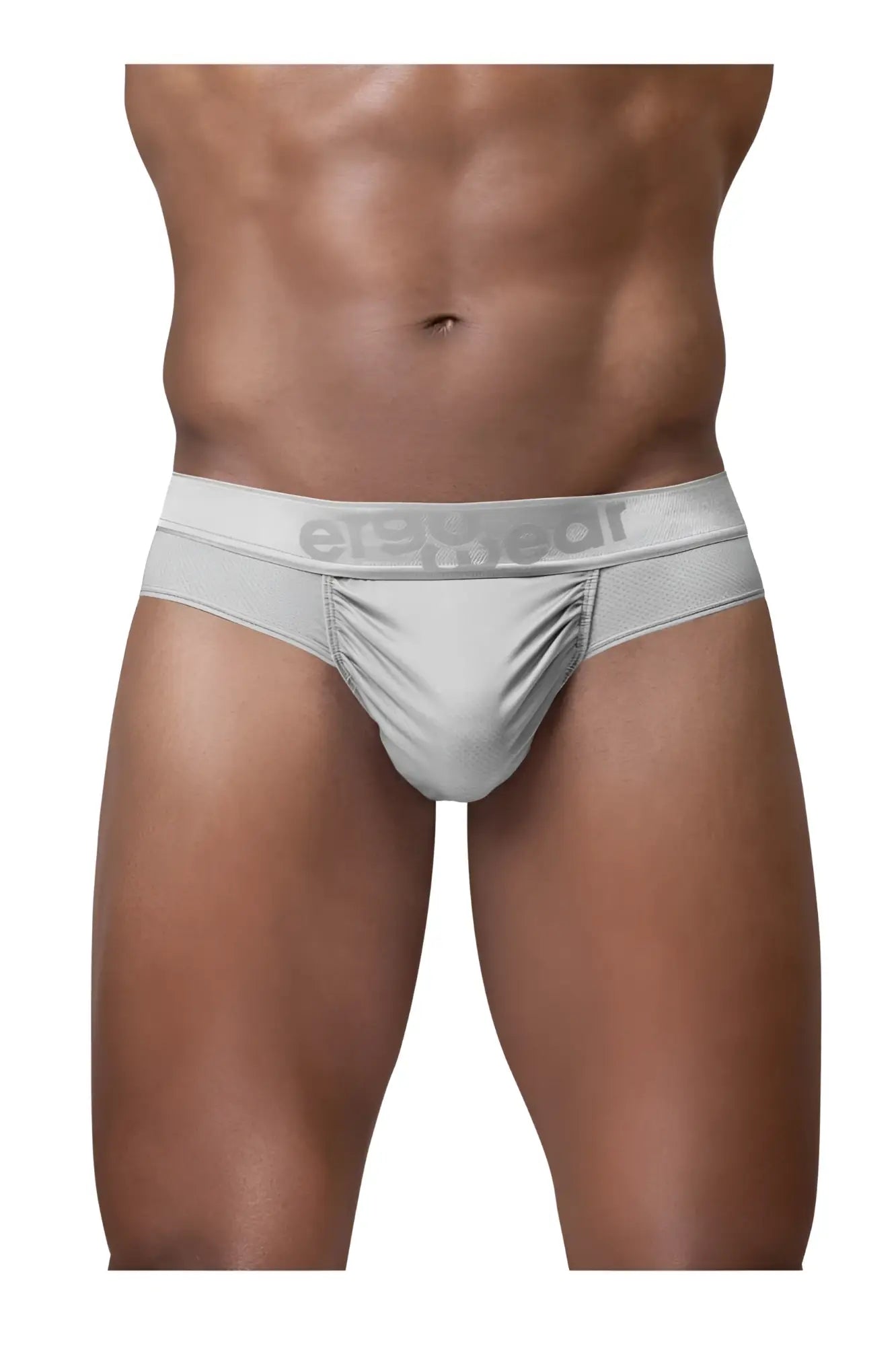 Silver mens briefs with sleek form fitting design and erectgear logo on waistband from ergowear ew1758 feel se thongs