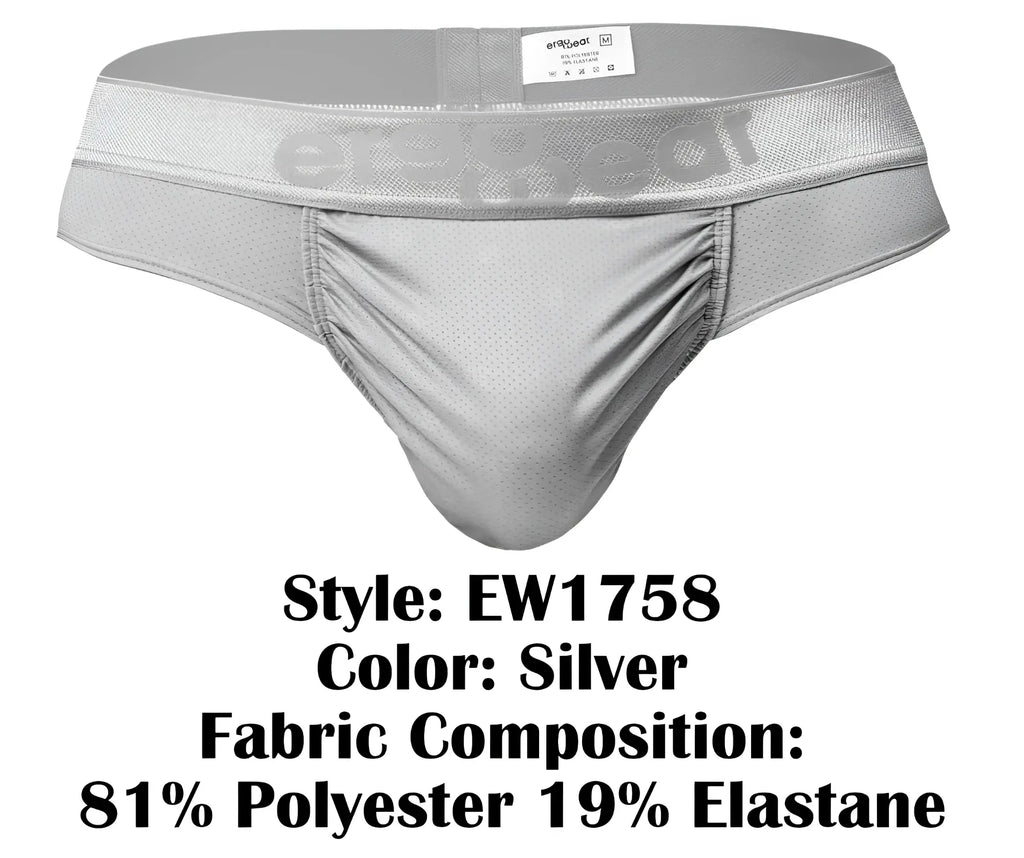 Silver mesh athletic briefs with ruched front panel and ErgoWear branded waistband in color silver