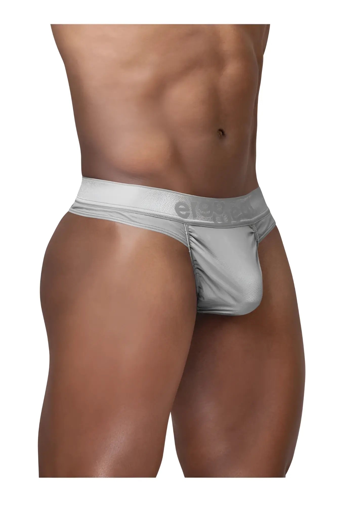 Silver metallic ergowear ew1758 feel se thong briefs with textured waistband featuring e.guys logo