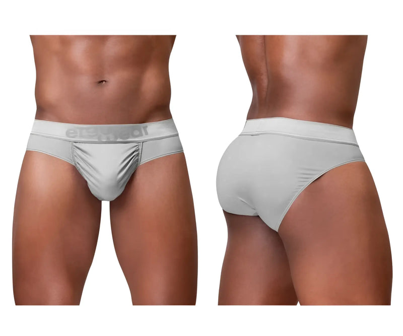 Light gray ergonomic men’s briefs with subtle texture and erect branded waistband in silver color ew1759 feel se model