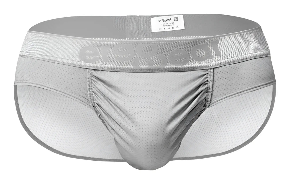 Silver mesh athletic briefs with subtle embossed logo on waistband by ergowear ew1759 feel se in silver