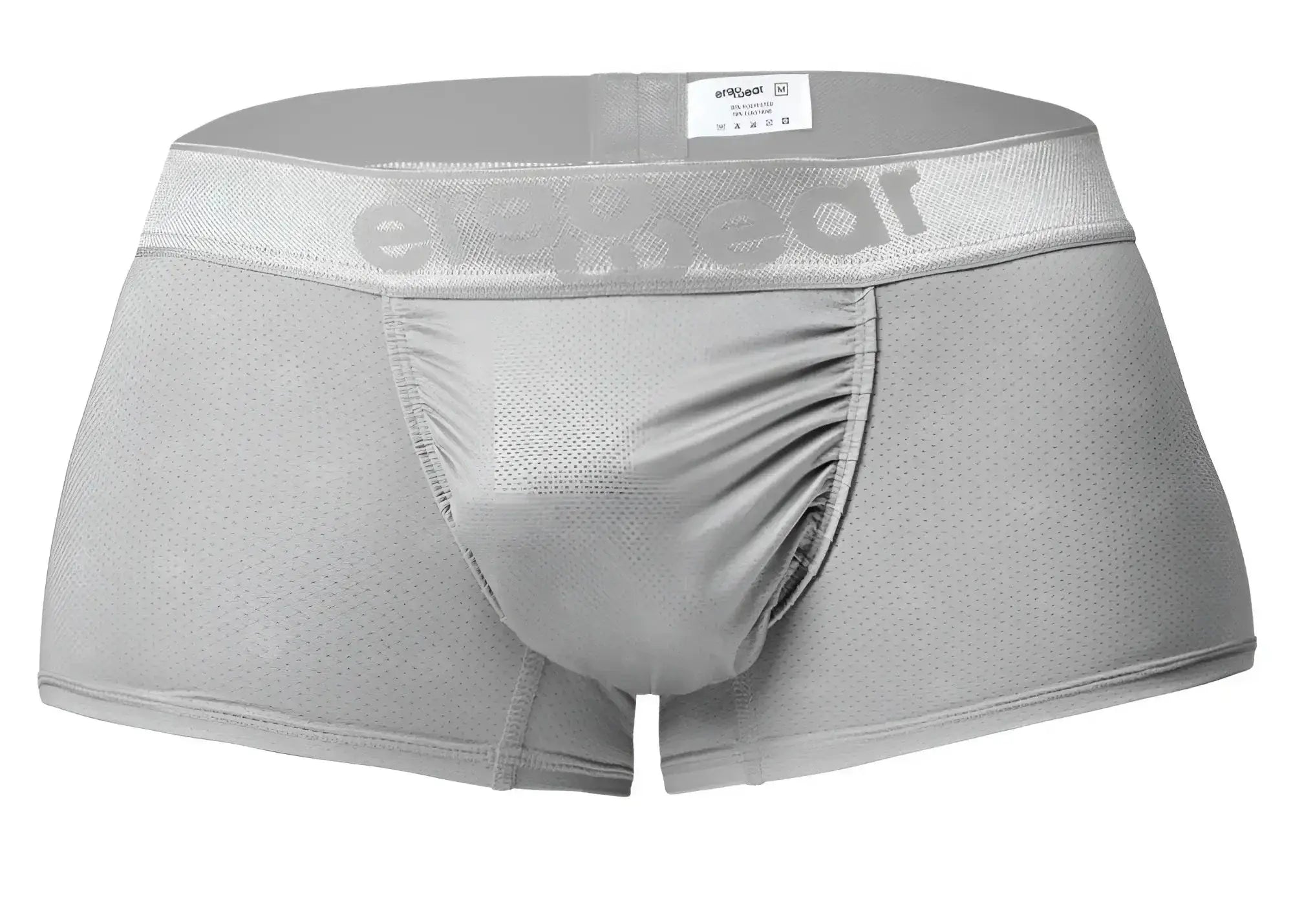 Gray mesh ergo wear ew1760 feel se trunks in silver with subtle erectwear logo on waistband