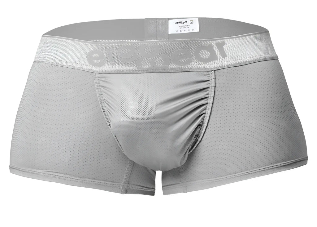 Gray mesh ergo wear ew1760 feel se trunks in silver with subtle erectwear logo on waistband