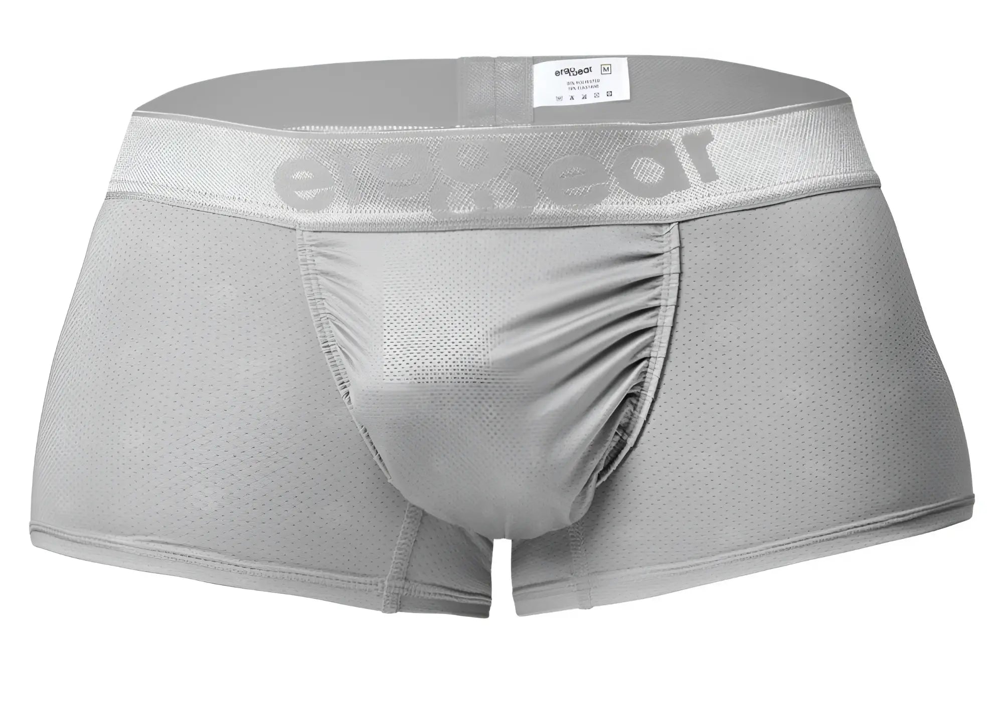 Gray mesh ergo wear ew1760 feel se trunks in silver with subtle erectwear logo on waistband