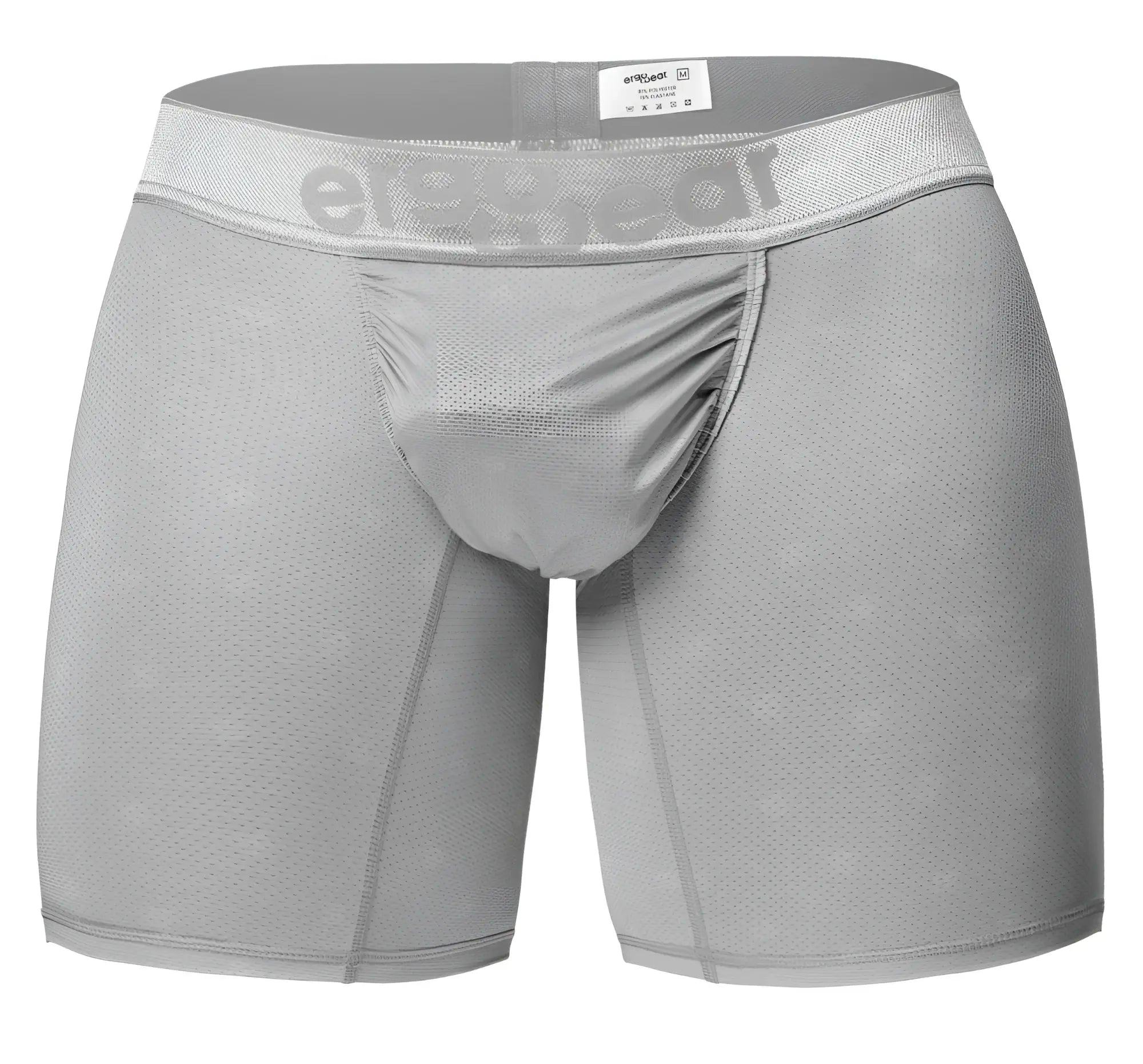 Gray ergonomic boxer briefs with mesh texture and ergogear waistband in silver for comfortable support