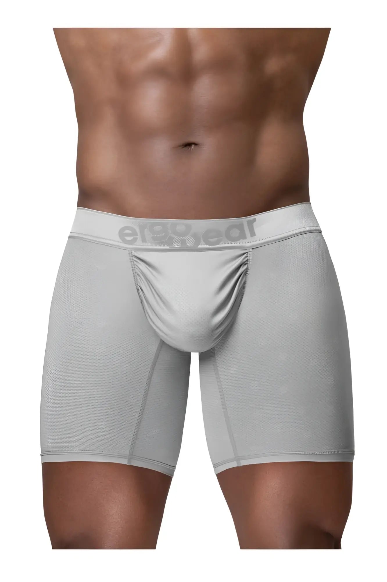 Gray ergonomic boxer briefs with subtle textured pattern and ergo wear logo on waistband color silver model ew1761 feel se