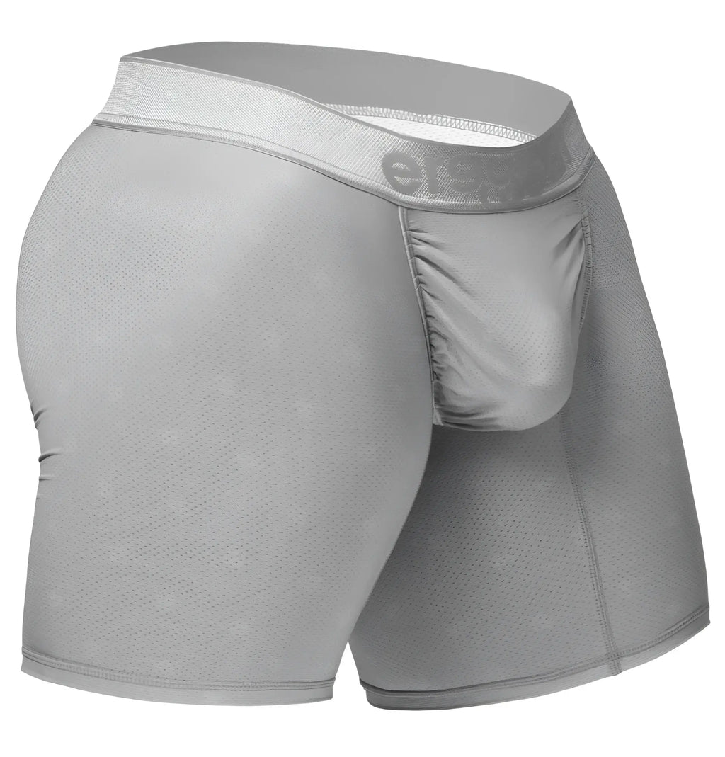 Gray men’s boxer briefs in textured mesh fabric with elastic waistband and elevate logo color silver from ergowear ew1761 feel se