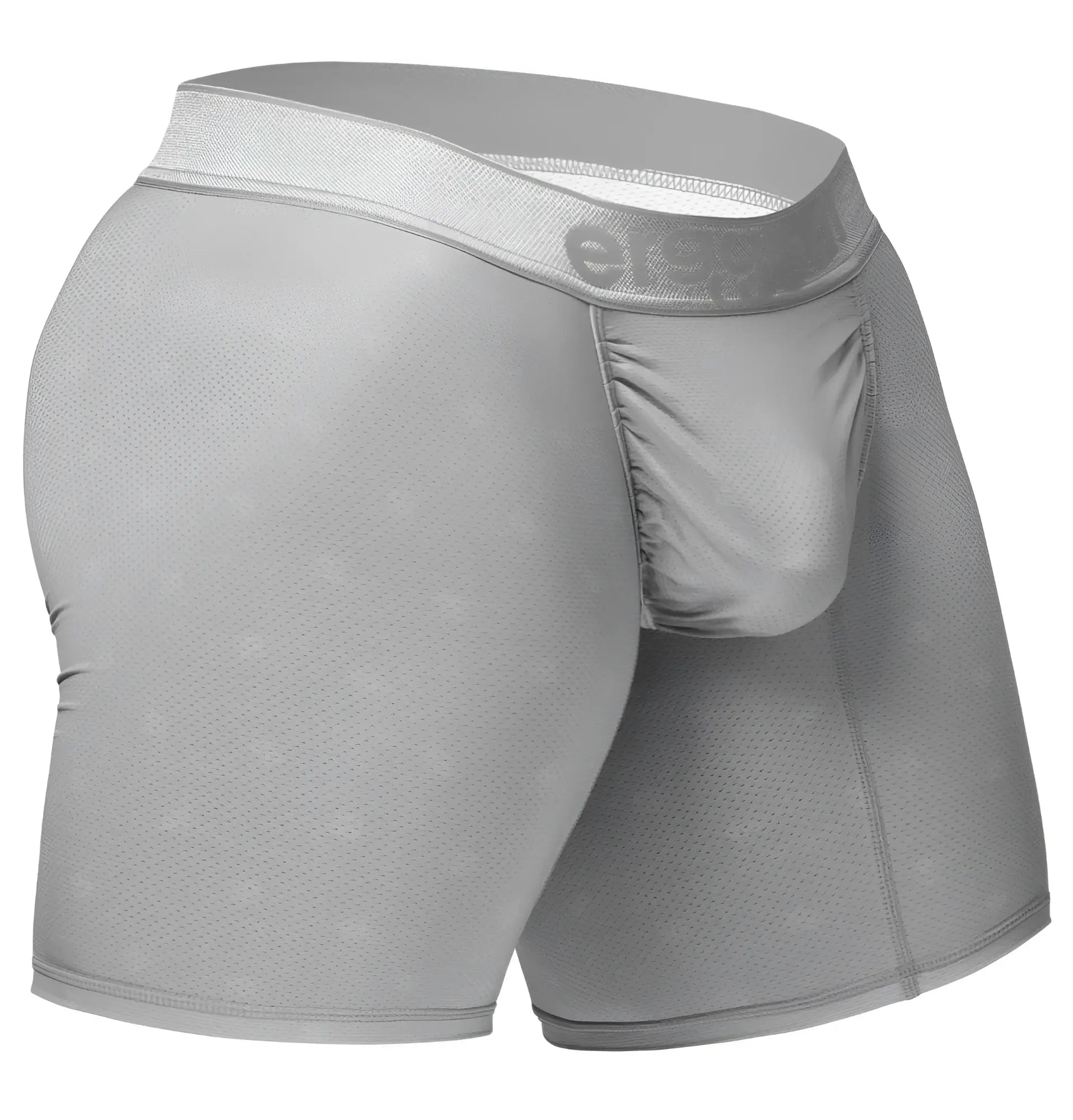 Gray men’s boxer briefs in textured mesh fabric with elastic waistband and elevate logo color silver from ergowear ew1761 feel se