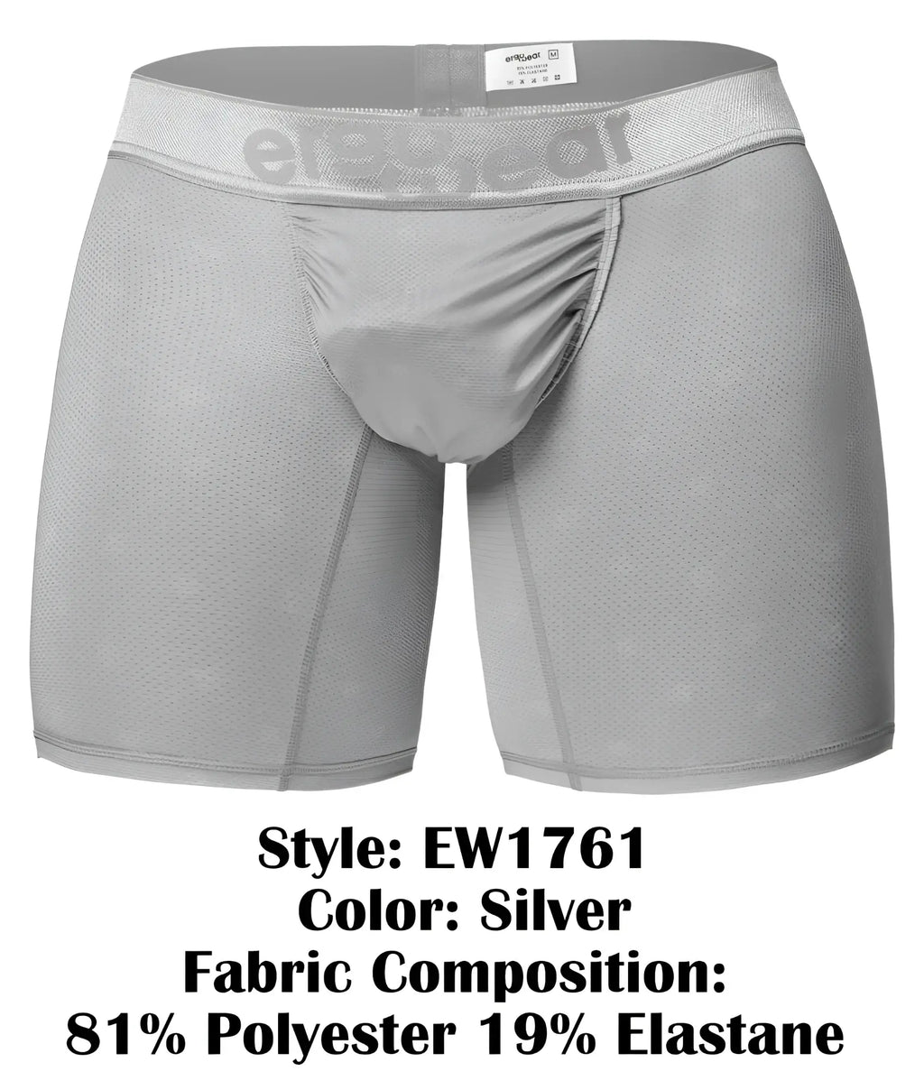 Silver men’s mesh boxer briefs with elastic waistband and elevated gear label from ergowear ew1761 feel se line