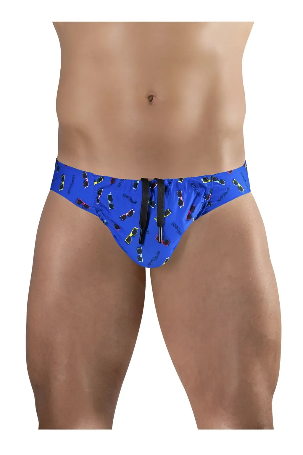 Blue ErgoWear EW1764 FEEL SW swim briefs with sunglasses pattern and crooked print featuring black drawstrings