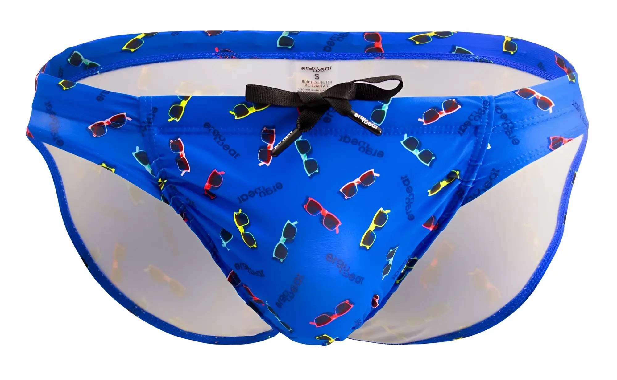 Blue ergo wear ew1764 feel sw swim briefs with colorful sunglasses pattern transparent side panels and black bow waistband