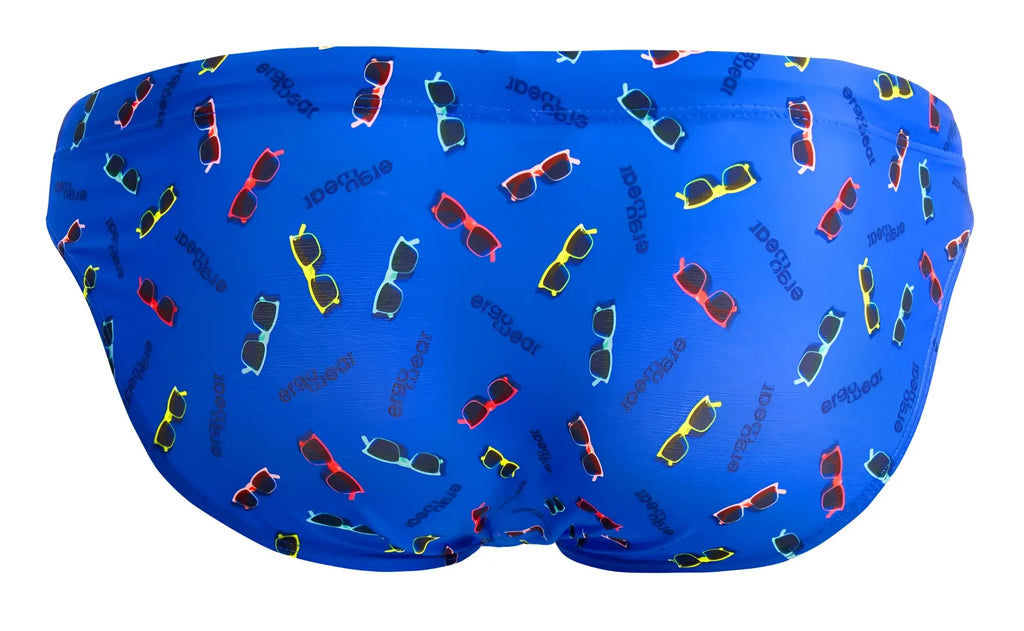 Blue ergowear ew1764 feel sw swim briefs featuring colorful sunglasses pattern and the word sunglasses