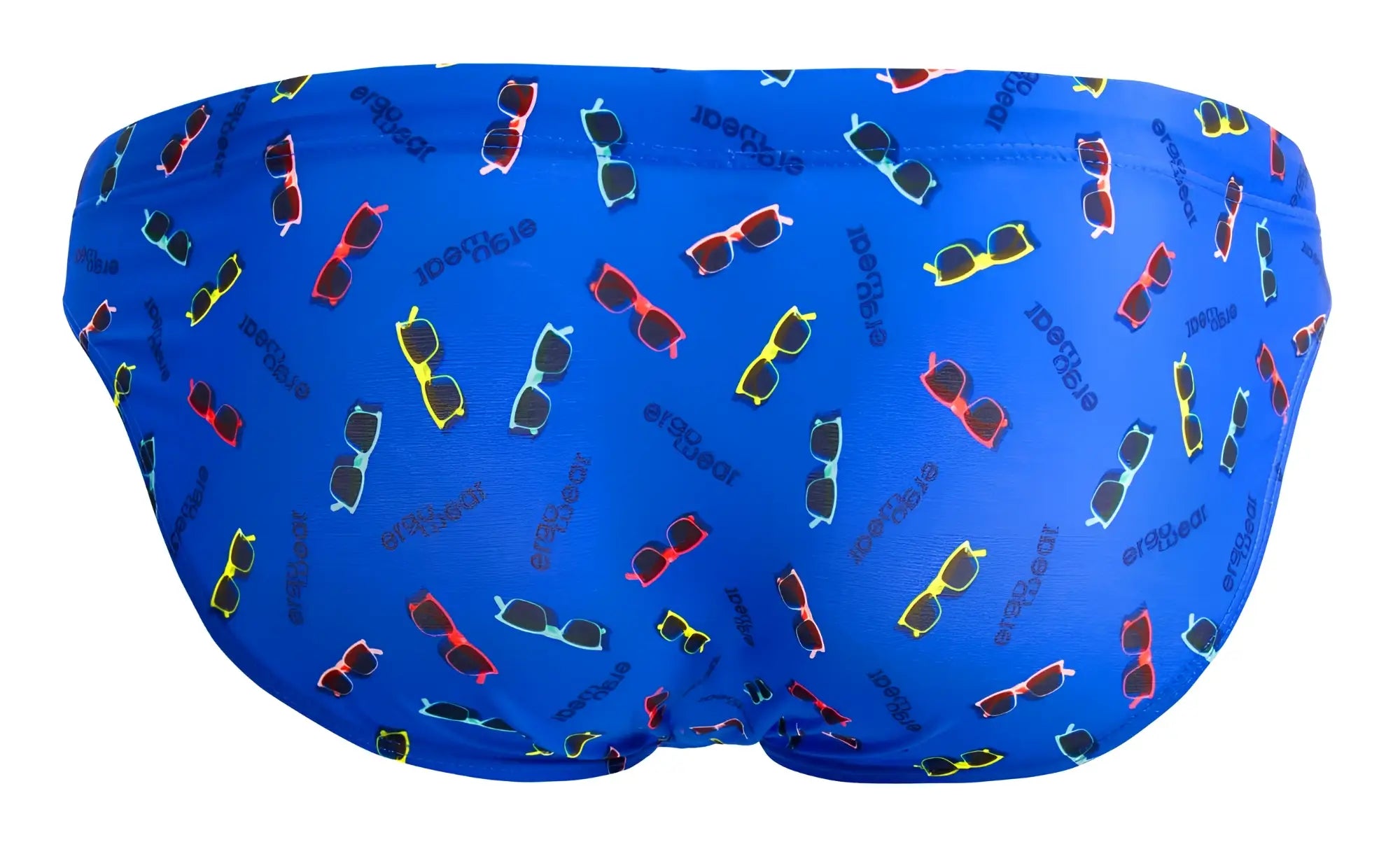 Blue ergowear ew1764 feel sw swim briefs featuring colorful sunglasses pattern and the word sunglasses