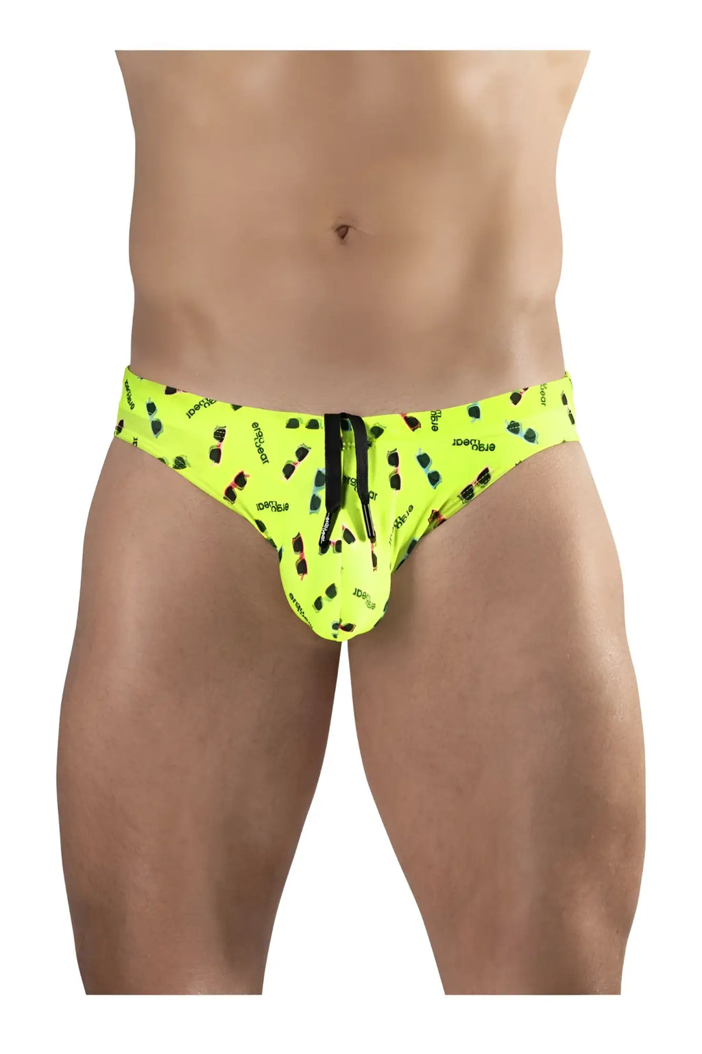 Bright neon green ergo wear ew1765 x4d sw swim briefs with playful black and red sunglasses pattern
