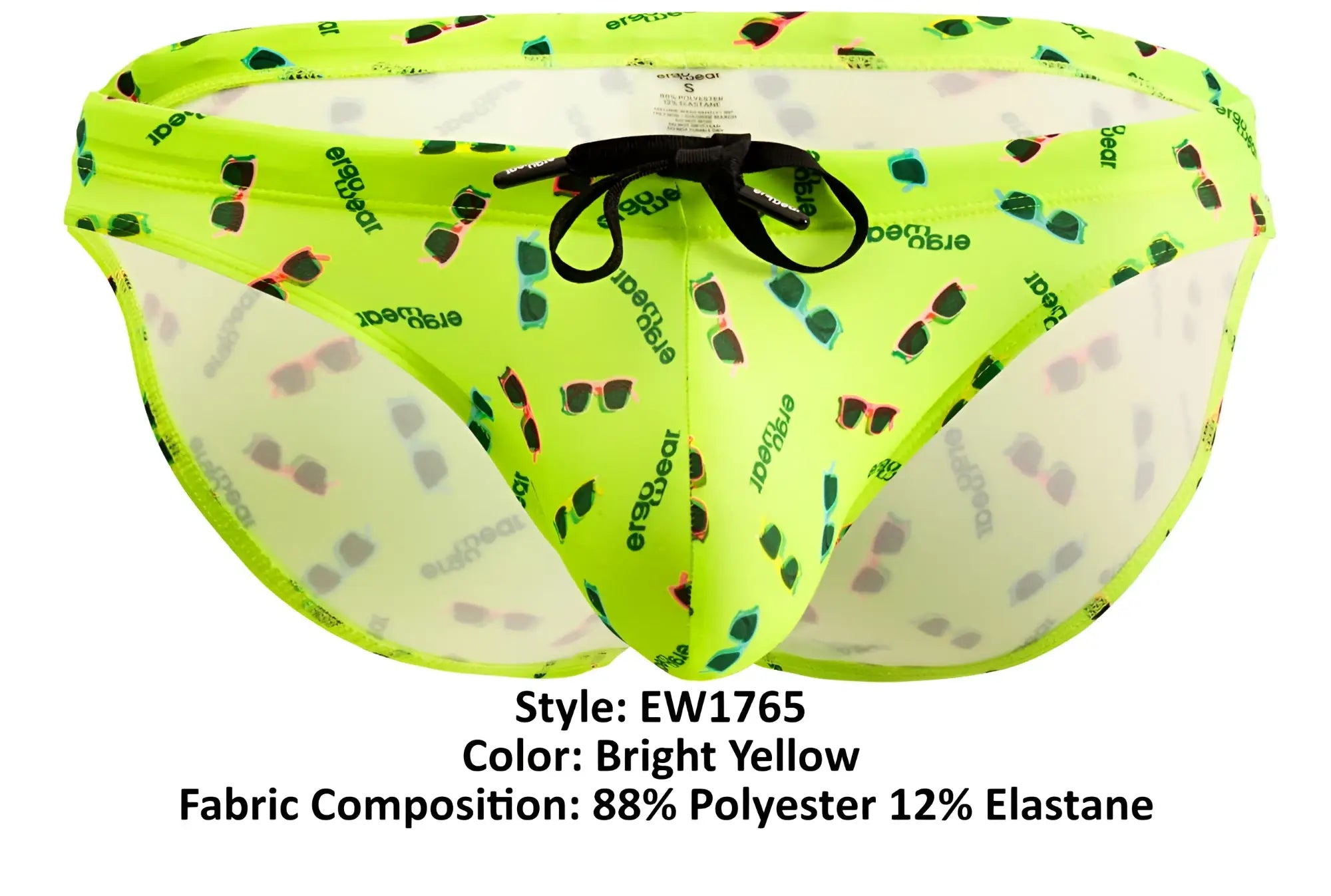 Bright yellow ergoWear EW1765 X4D swim briefs with playful sunglasses and ear pattern in green black and gray