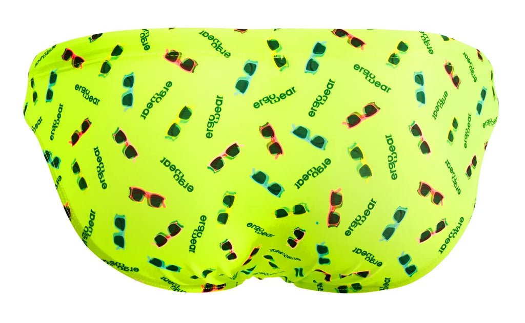Vibrant neon green ergoWear ew1765 x4d swim briefs with colorful sunglasses pattern bright yellow color