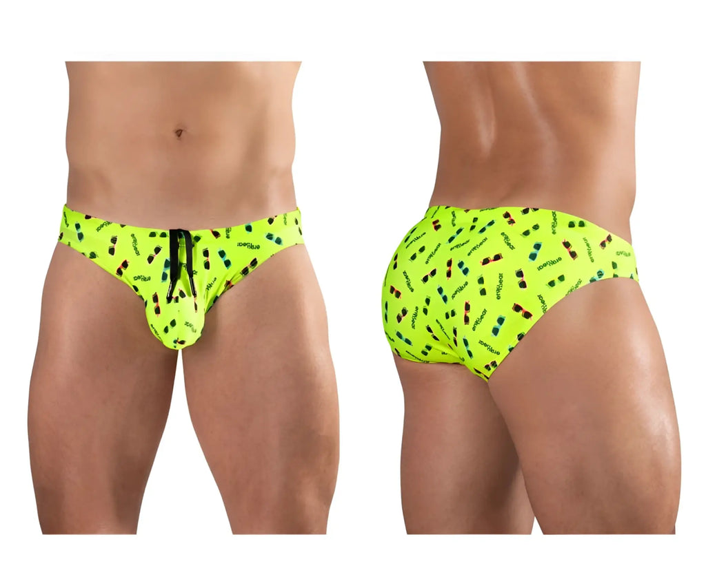 Vibrant neon green ergoWear ew1765 x4d sw swim briefs with colorful sunglasses pattern and carnival branding