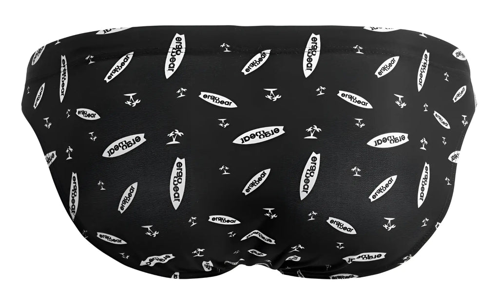 Black ergowear ew1766 x4d swim briefs featuring a white eraygear logo and surfboard pattern