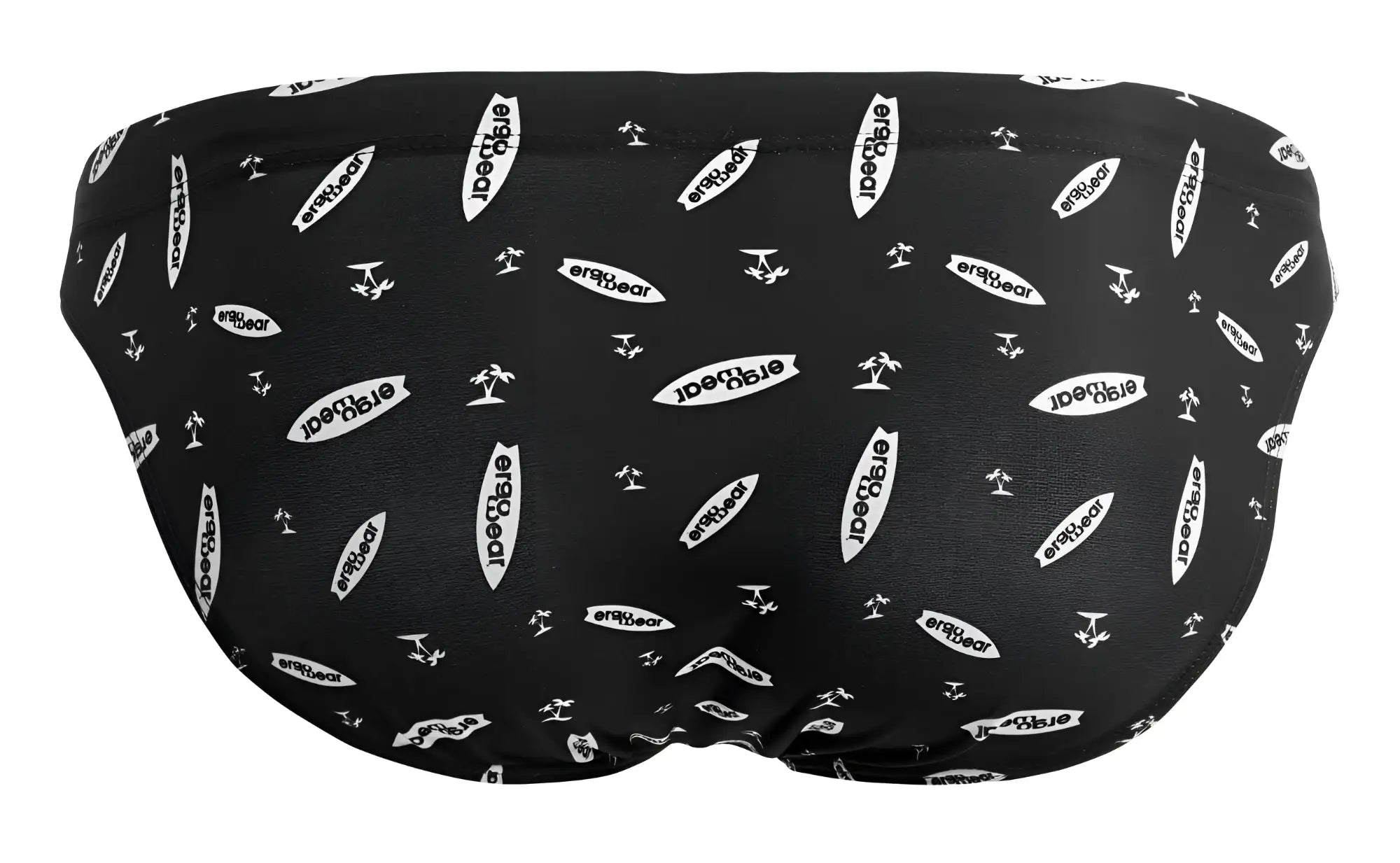 Black ergowear ew1766 x4d swim briefs featuring a white eraygear logo and surfboard pattern