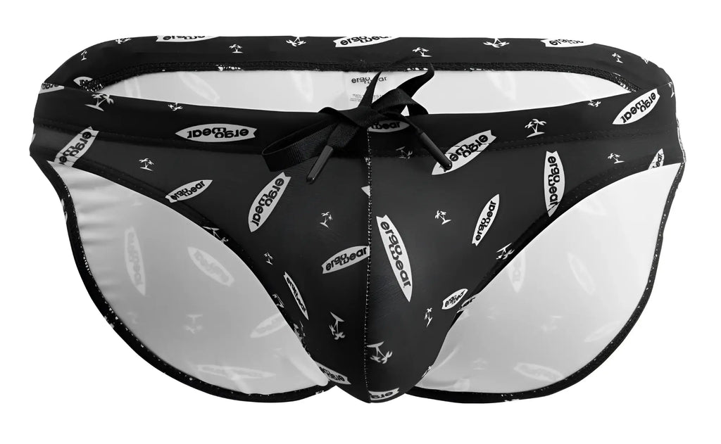 Black and white patterned men’s swim briefs with a satin bow tie front from ergowear ew1766 x4d sw collection