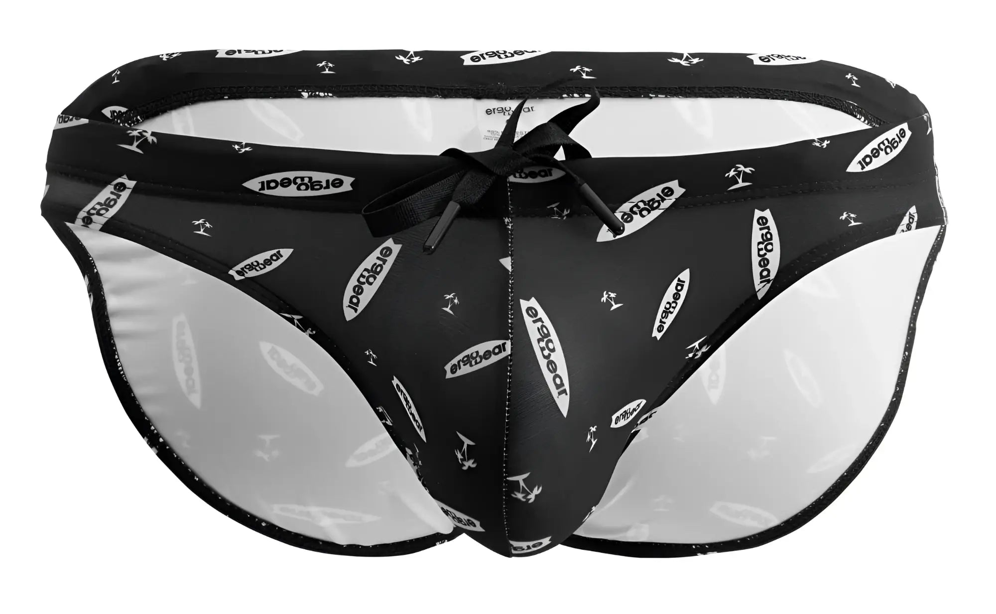 Black and white patterned men’s swim briefs with a satin bow tie front from ergowear ew1766 x4d sw collection