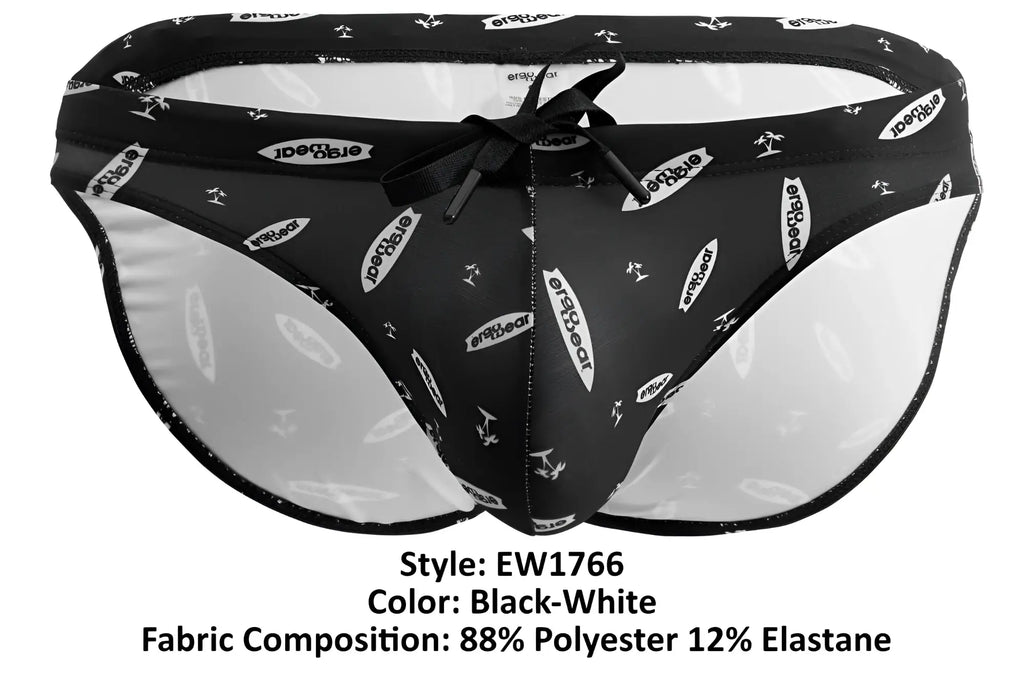 Ergowear ew1766 x4d sw black-white swim briefs with black and white surfboard pattern and drawstring waistband