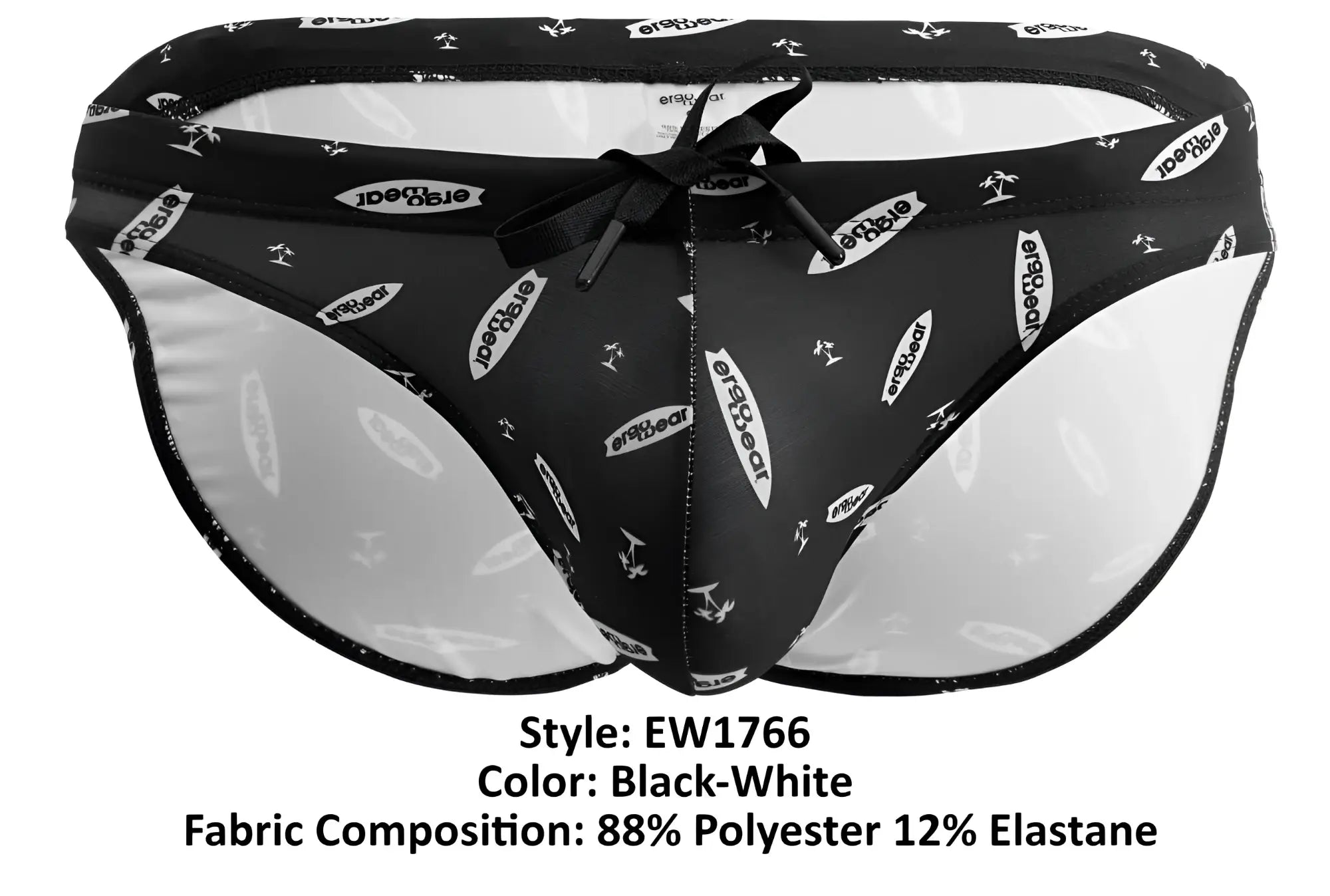 Ergowear ew1766 x4d sw black-white swim briefs with black and white surfboard pattern and drawstring waistband