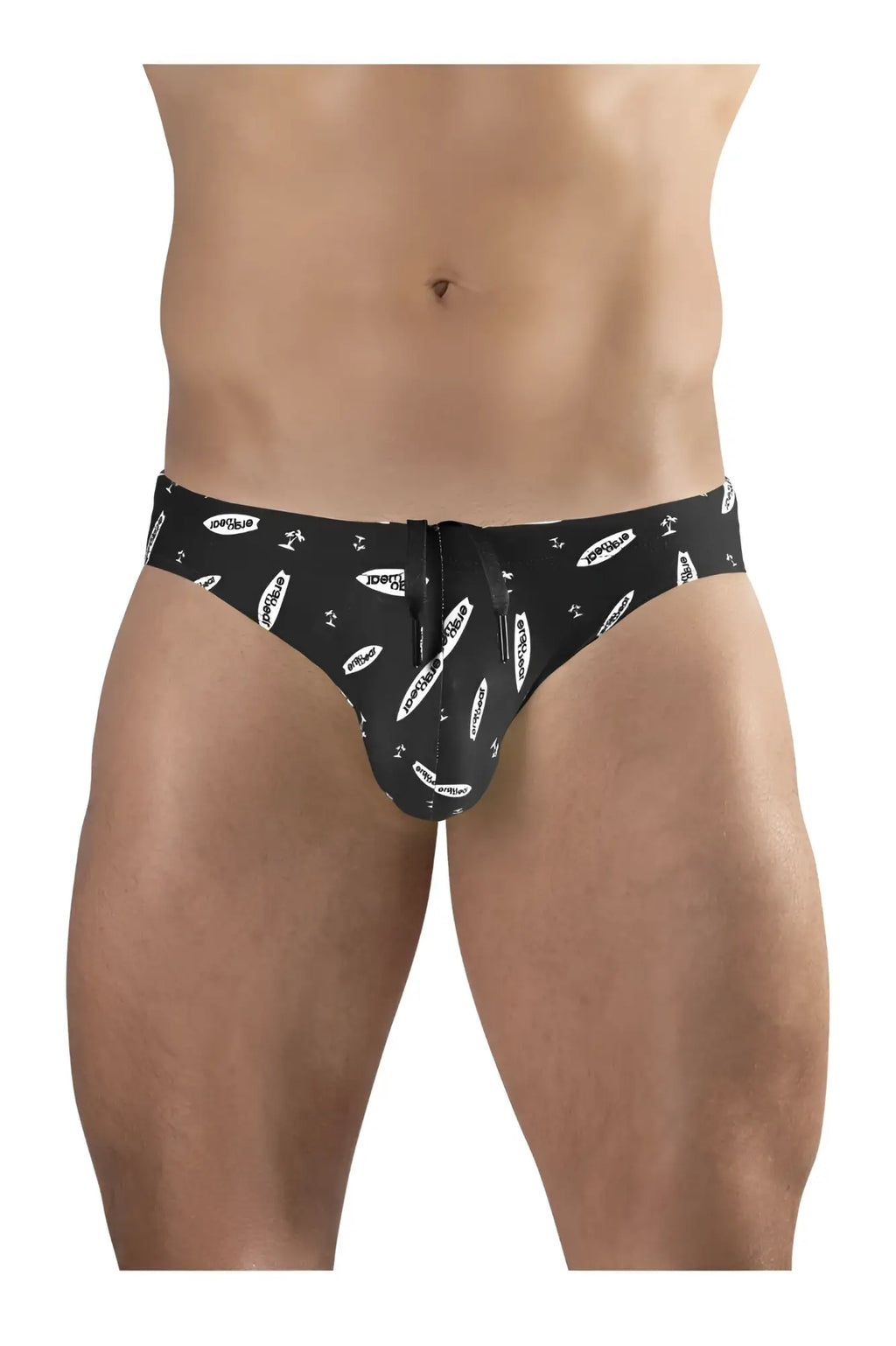 Black and white ErgoWear EW1766 X4D swim briefs with surfboard pattern and front zipper closure for swimming