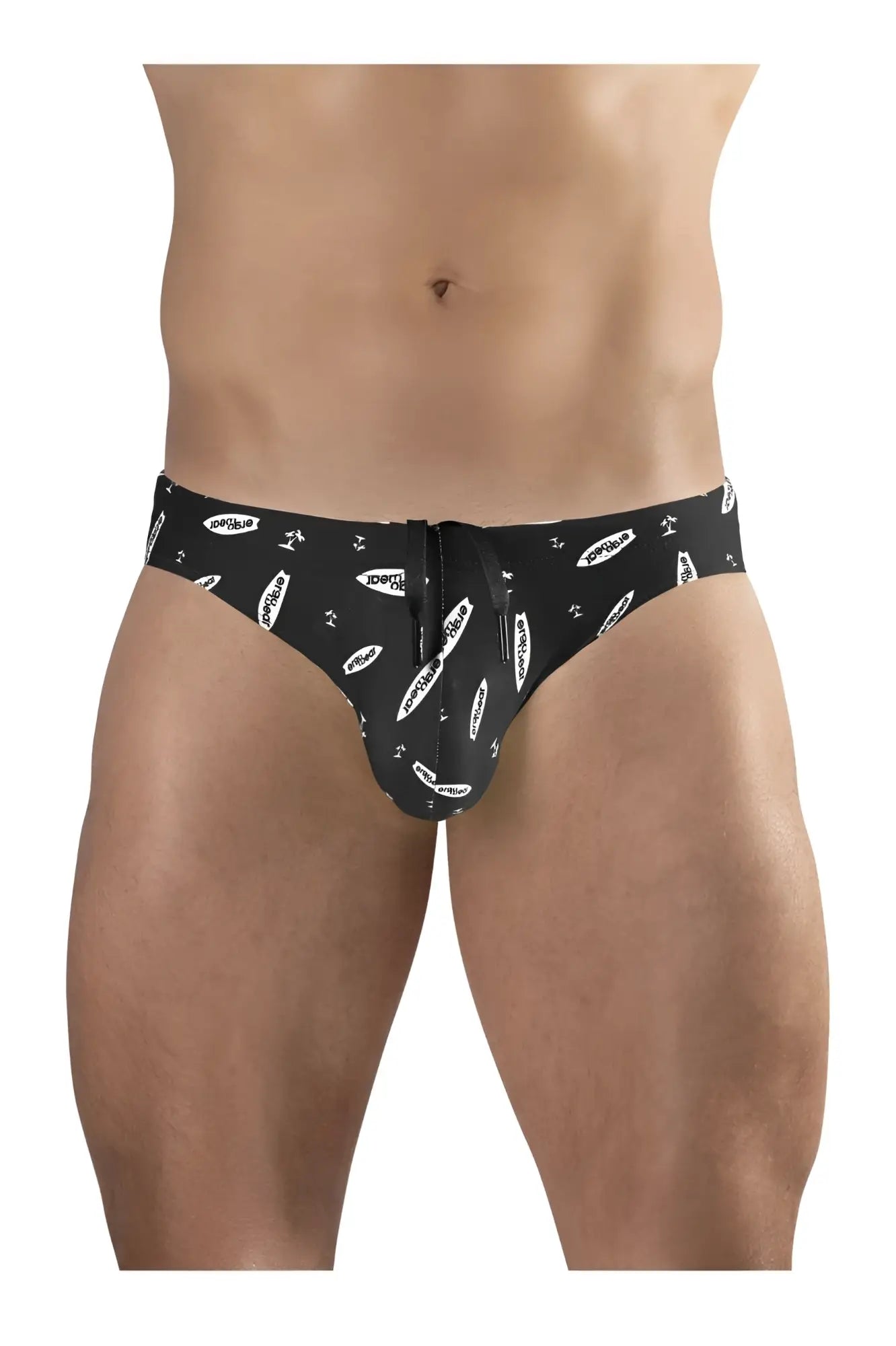 Black and white ErgoWear EW1766 X4D swim briefs with surfboard pattern and front zipper closure for swimming
