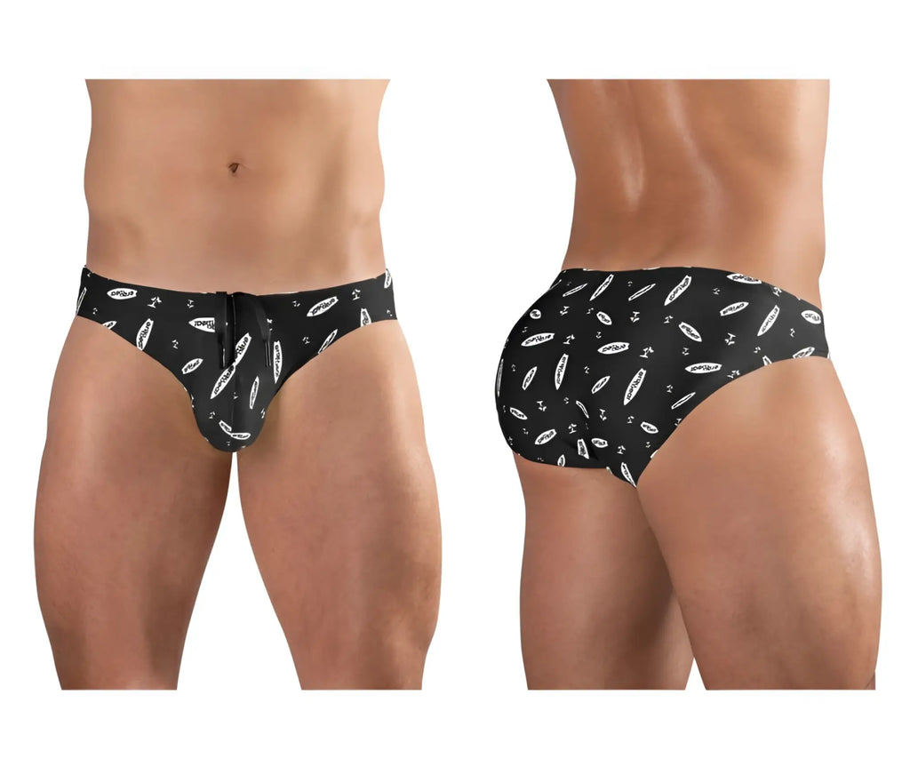 Black ergowear ew1766 x4d swim briefs with white surfboard and anchor pattern ideal for beach and pool use