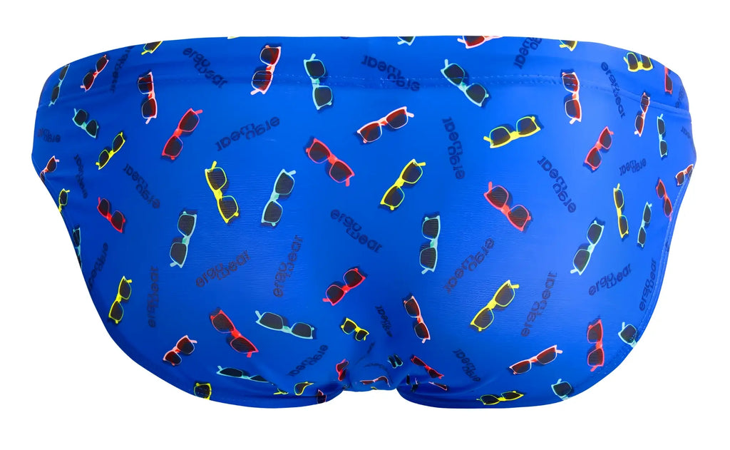 Bright blue ErgoWear EW1767 X4D SW swim briefs with colorful sunglasses pattern and earl brand name for swimming