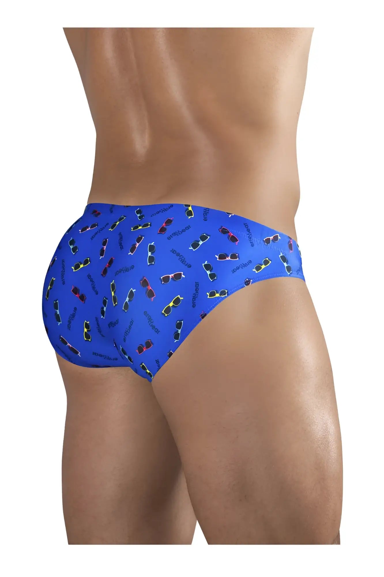 Blue ergowear ew1767 x4d swim briefs featuring a playful colorful sunglasses pattern ideal for pool or beachwear