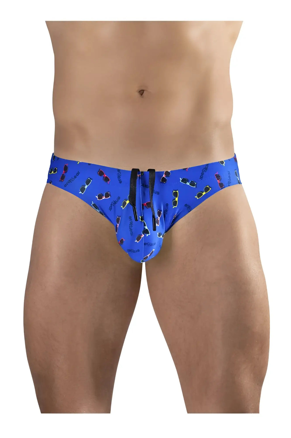 ErgoWear ew1767 x4d blue swim briefs with colorful sunglasses pattern and black drawstrings for secure fit