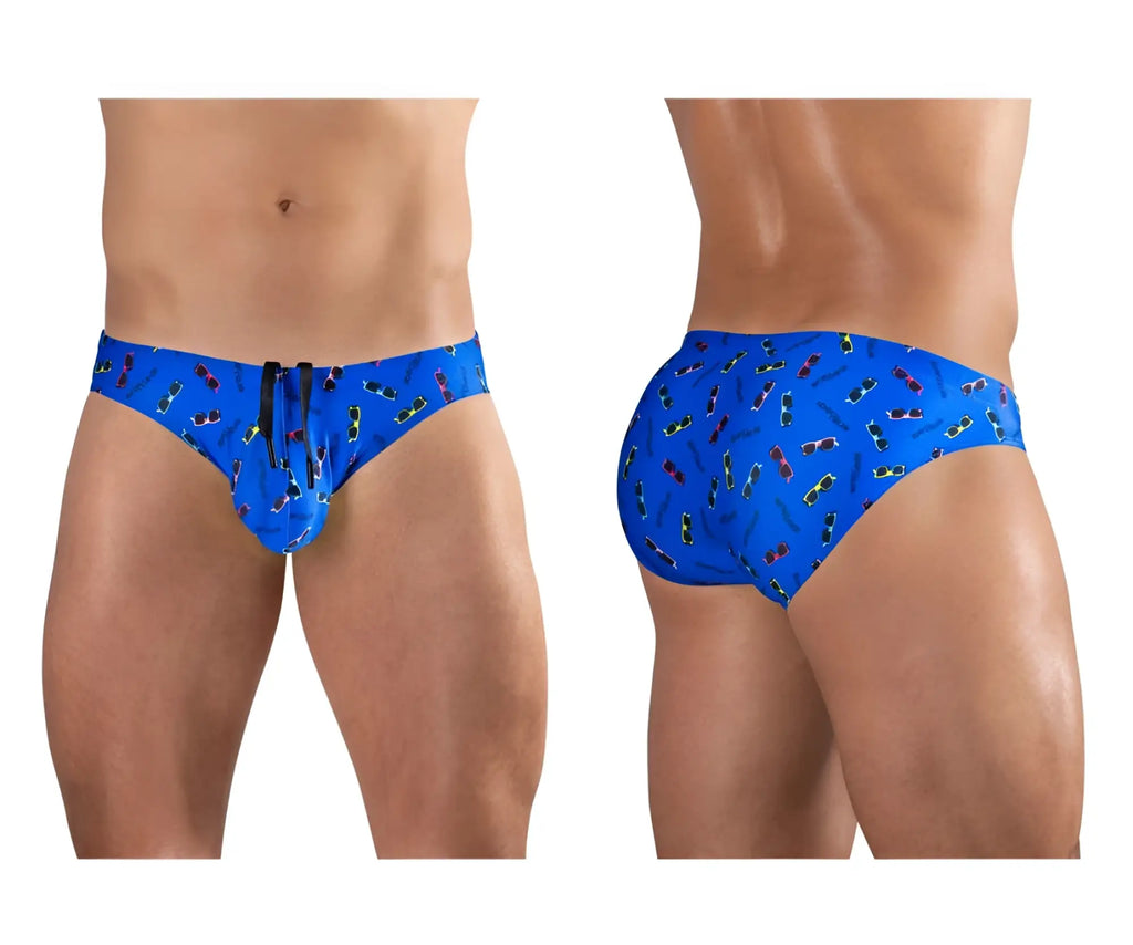Blue ergowear ew1767 x4d swim briefs with colorful sunglasses pattern designed for swimwear use