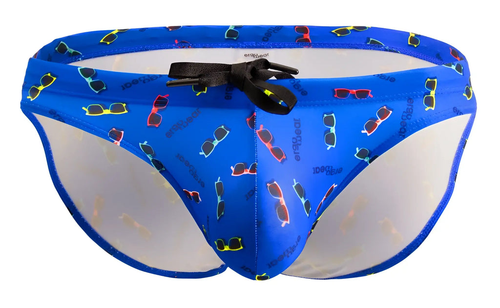 Blue ergowear ew1767 x4d swim briefs with colorful sunglasses pattern transparent side panels and black drawstring tie